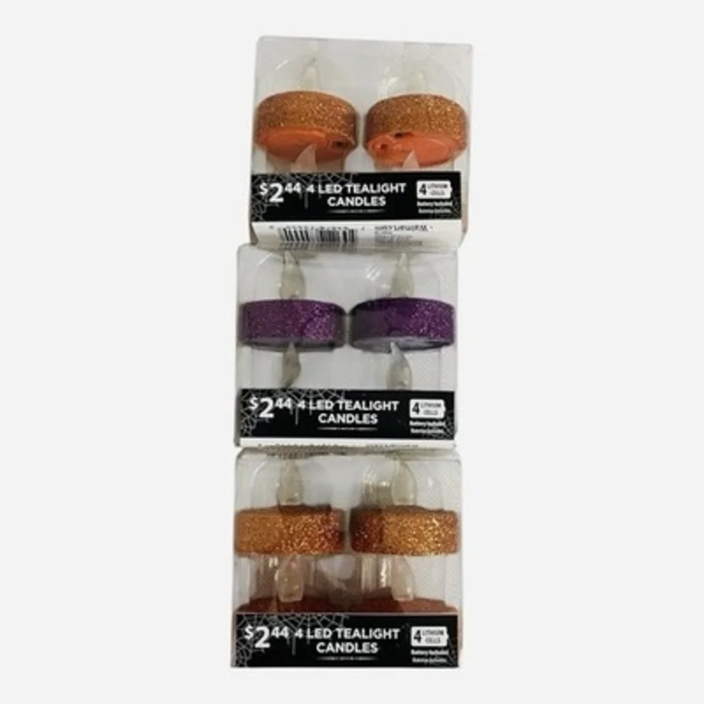 Way To Celebrate Halloween LED Glitter Tealight Candles 12 Pcs Orange Purple NIB